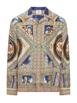 Camicia a Maniche Lunghe con Collo Cuban Stampa Artistica