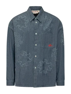 Camicia Denim con Ricami e Tasca Applicata