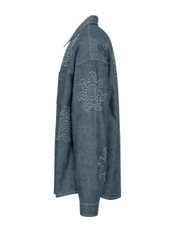Camicia Denim con Ricami e Tasca Applicata