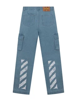 Denim Cargo Pants with Diag Print