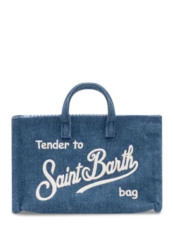Denim Handbag with Printed Logo