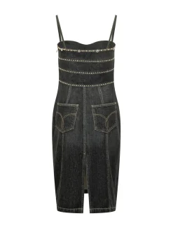 Denim Stone Dress with Straps and Embellishments