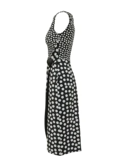 Dress with Round Neck Draped Waist and Polka Dot Pattern