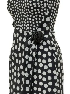 Dress with Round Neck Draped Waist and Polka Dot Pattern