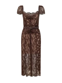 Floral Lace Midi Dress with Belt
