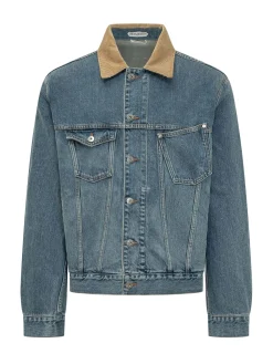 Giacca in Denim con Colletto in Velluto a Coste