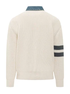 Knit Cardigan with Denim Collar and Buttons