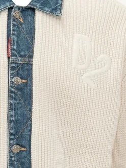 Knit Cardigan with Denim Collar and Buttons