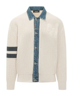 Knit Cardigan with Denim Collar and Buttons