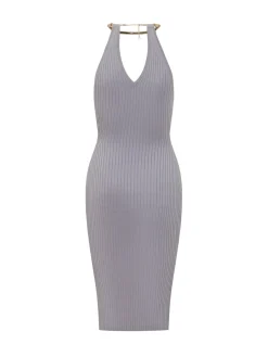 Knit Dress with V Neck and Neck Detail