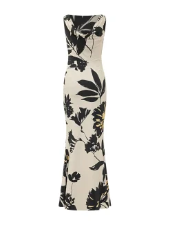Long Dress with Boat Neck Draped Waist and Floral Pattern