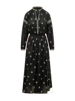 Long Embroidered Dress with Gathered Waist