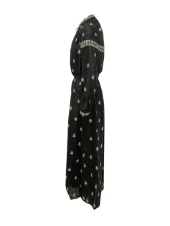 Long Embroidered Dress with Gathered Waist