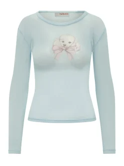 Long Sleeve Tulle Top with Print
