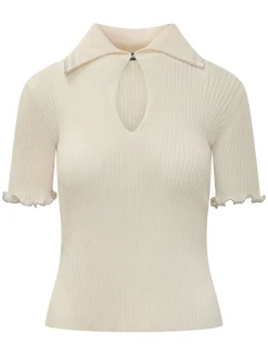 Ribbed Crepe Polo Top with Cut-out