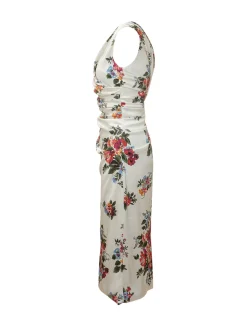 Sleeveless Dress with V-Neck Draped Bodice and Floral Pattern