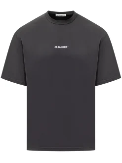 T-shirt Nera con Logo Bianco Jil Sander
