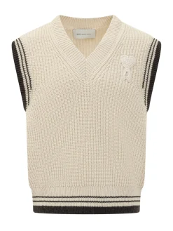 V Neck Sleeveless Sweater with Contrast Stripes