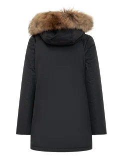 Woolrich black parka with fur hood and buttons